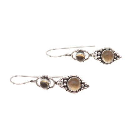 925 Sterling Silver Vintage Real Yellow Quartz Beaded Oxidized Dangle Earrings