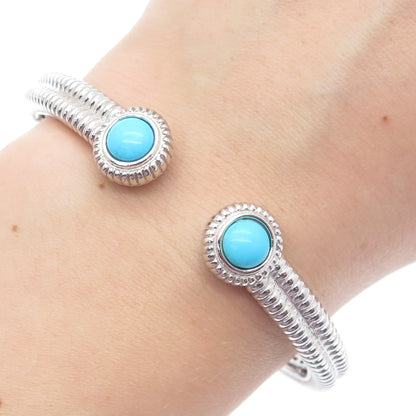 925 Sterling Silver Real Sleeping Beauty Turquoise Gem Ribbed Cuff Bracelet 7.5"