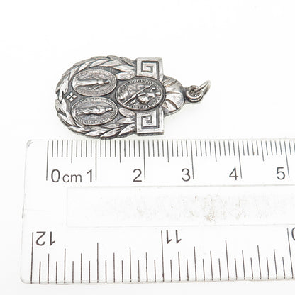 925 Sterling Silver Antique Art Deco Catholic Religious Medal Oxidized Pendant