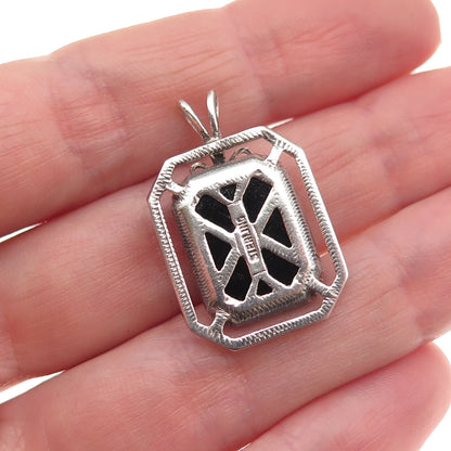 925 Sterling Silver Vintage Real Black Onyx & C Z Oxidized Charm Pendant
