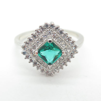 925 Sterling Silver Nano Emerald & Round-Cut C Z Ring Size 7.75