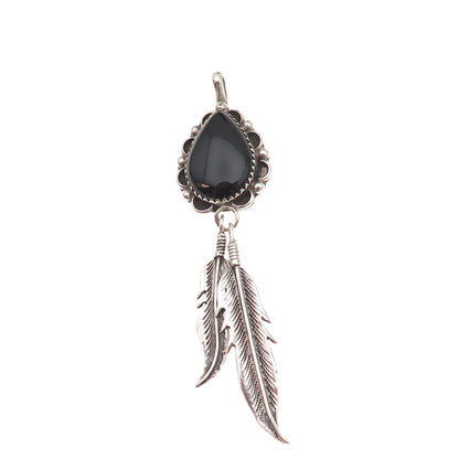 Old Pawn 925 Sterling Silver Vintage Southwestern Black Onyx Feather Pendant