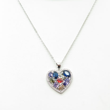 925 Sterling Silver Multi-Color C Z Cluster Heart Cable Chain Necklace 18-20"