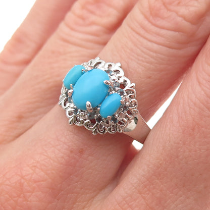 925 Sterling Silver Real Sleeping Beauty Turquoise & Blue Topaz Ring Size 8.25