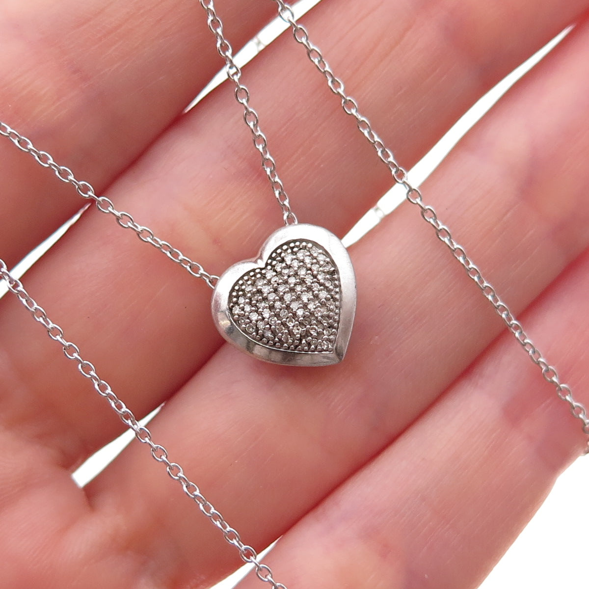 925 Sterling Silver Real Round-Cut Diamond Heart Cable Chain Necklace 18"