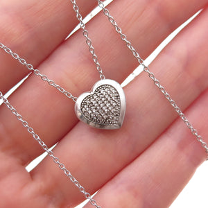 925 Sterling Silver Real Round-Cut Diamond Heart Cable Chain Necklace 18"