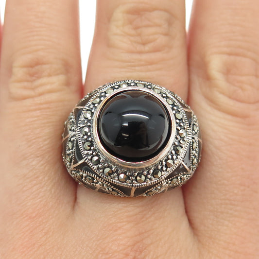 925 Sterling Silver Vintage Enamel Real Black Onyx & Marcasite Ring Size 7.75