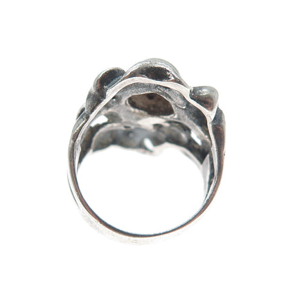 925 Sterling Silver Vintage Modernist Flower Oxidized Ring Size 4.5