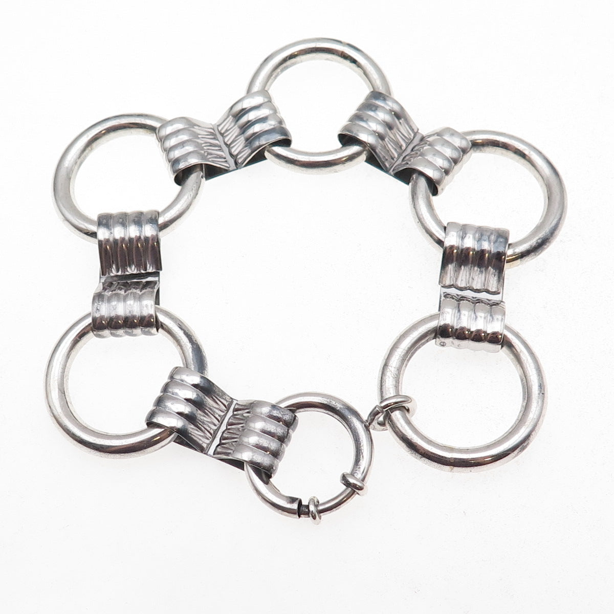 925 Sterling Silver Antique Art Deco Circle Link Oxidized Bracelet 7"