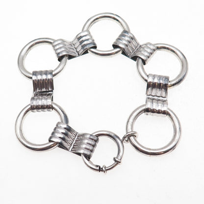 925 Sterling Silver Antique Art Deco Circle Link Oxidized Bracelet 7"