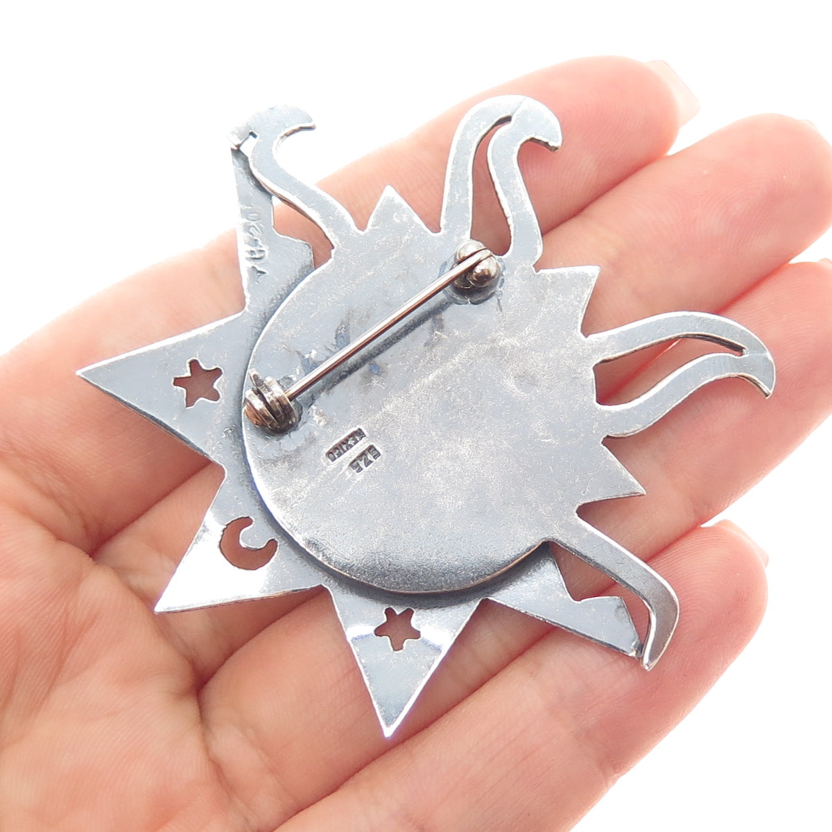 925 Sterling Silver Vintage Mexico Eclipse Sun & Moon Oxidized Pin Brooch