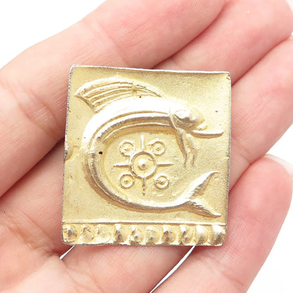 925 Sterling Silver Gold Plated Vintage Fish Symbol Square Pin Brooch