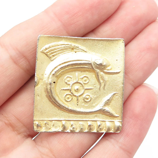 925 Sterling Silver Gold Plated Vintage Fish Symbol Square Pin Brooch