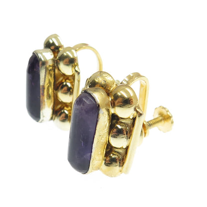 925 Sterling Silver Gold Plated Vintage Mexico Real Amethyst Screw Back Earrings