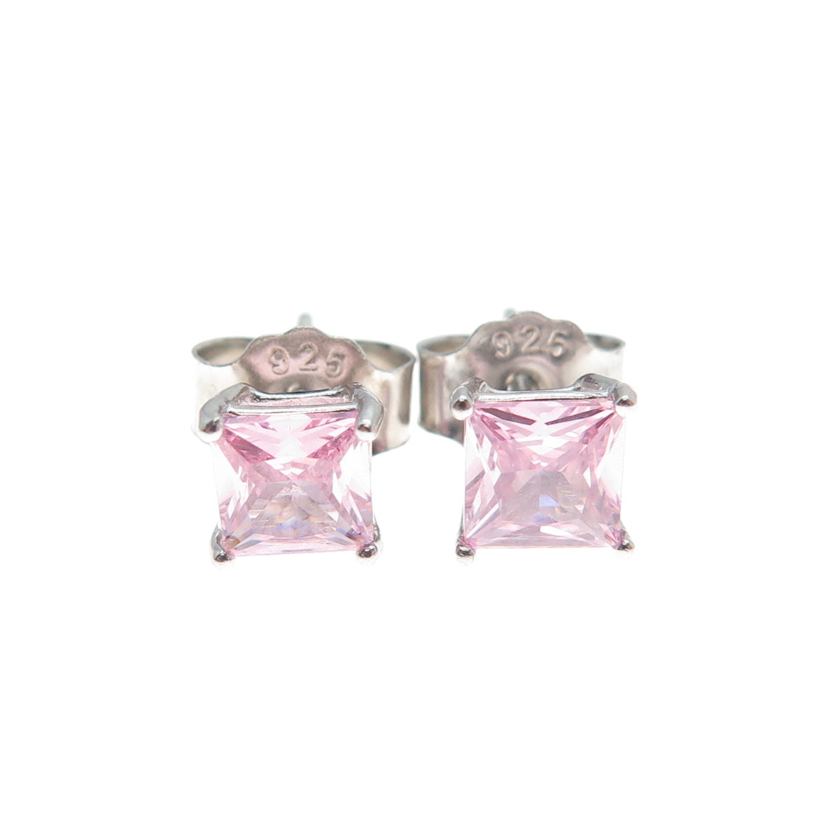 925 Sterling Silver Princess-Cut Pink C Z Stud Earrings