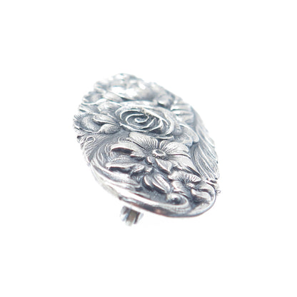 S. KIRK & SON 925 Sterling Silver Antique Repousse Flower Oxidized Brooch #12F