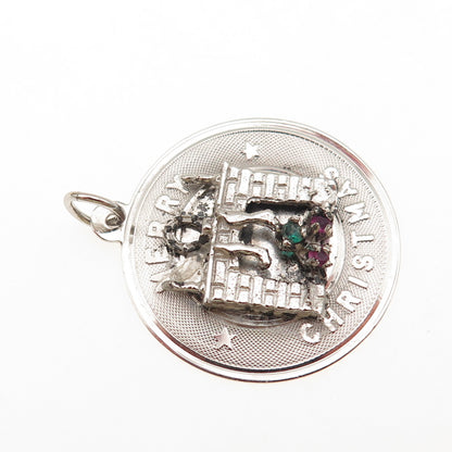 925 Sterling Silver Vintage Rhinestone Merry Christmas Fireplace Charm Pendant