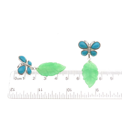 925 Sterling Silver Real Turquoise & Jade Butterfly Floral Dangle Earrings