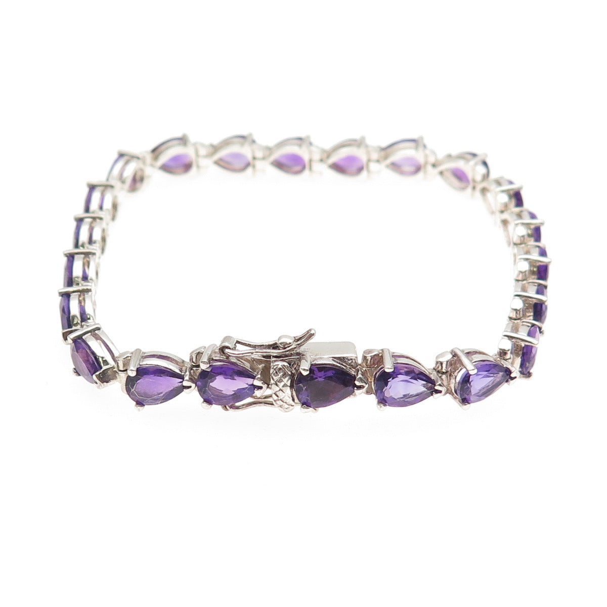 925 Sterling Silver Vintage Real Pear-Cut Amethyst Teardrop Link Bracelet 7"