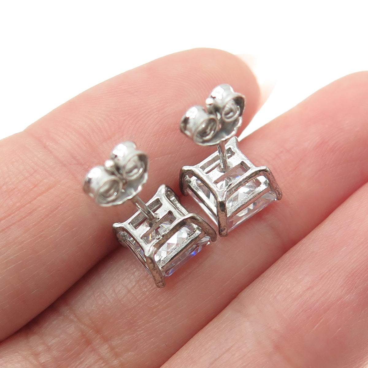 925 Sterling Silver Princess-Cut C Z Stud Earrings