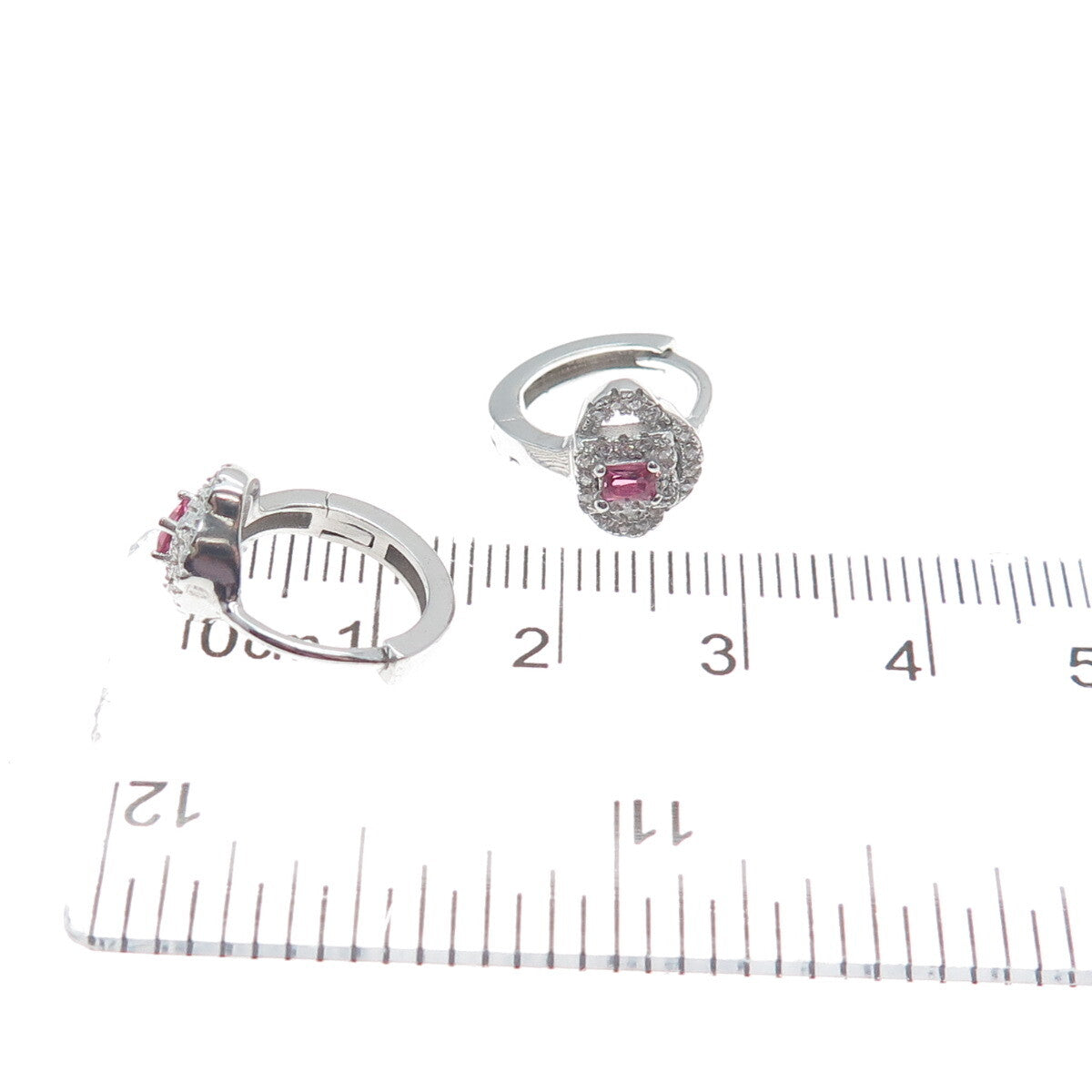 925 Sterling Silver Emerald-Cut Pink & Round-Cut White C Z Cloud Hoop Earrings