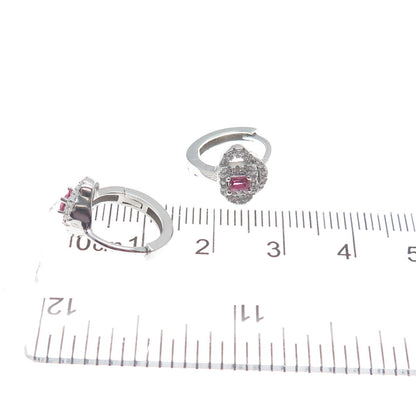 925 Sterling Silver Emerald-Cut Pink & Round-Cut White C Z Cloud Hoop Earrings