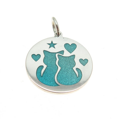 925 Sterling Silver Turquoise Enamel Cat Heart Round Minimalist Charm Pendant