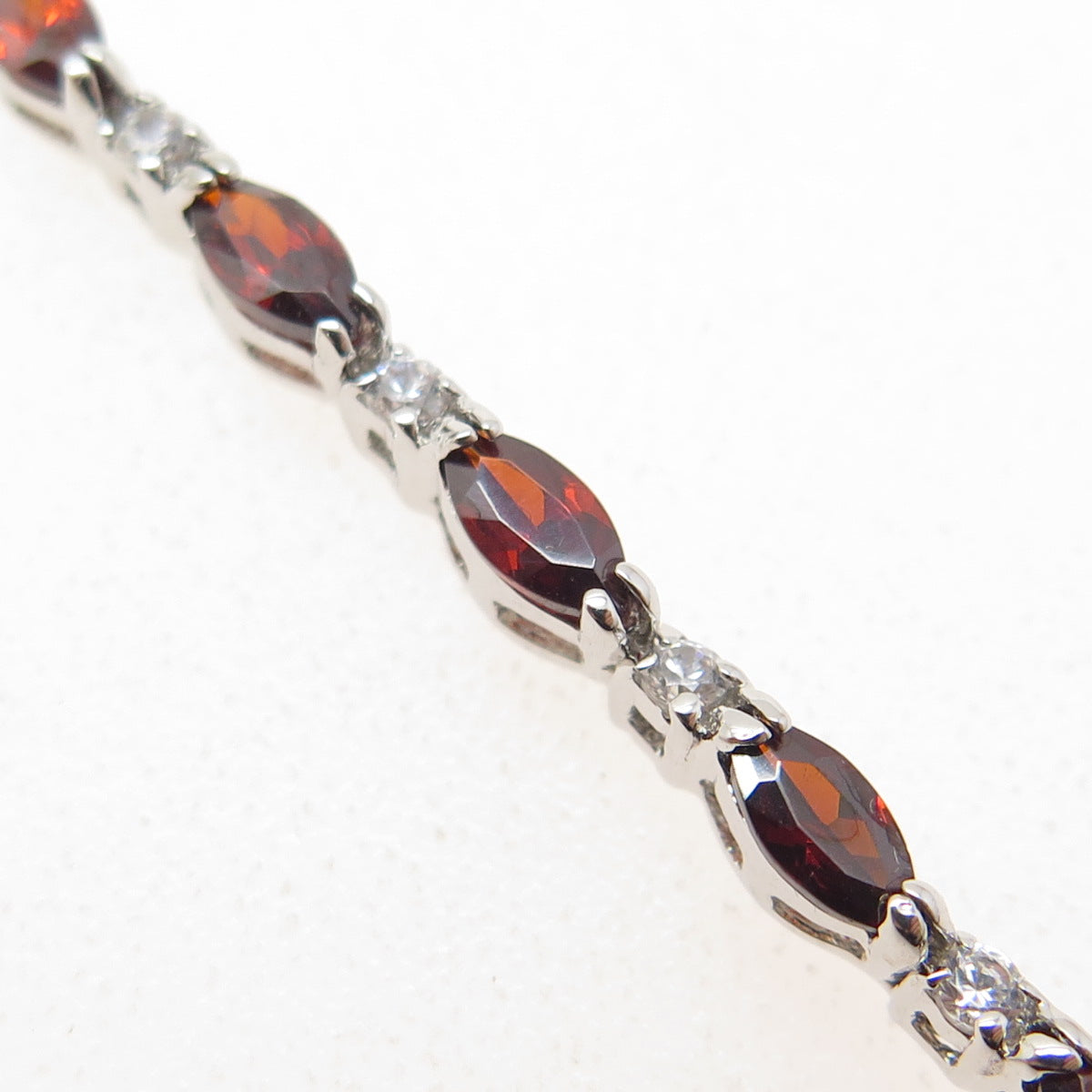 925 Sterling Silver Real Red Garnet Gemstone & C Z Tennis Link Bracelet 6.75"