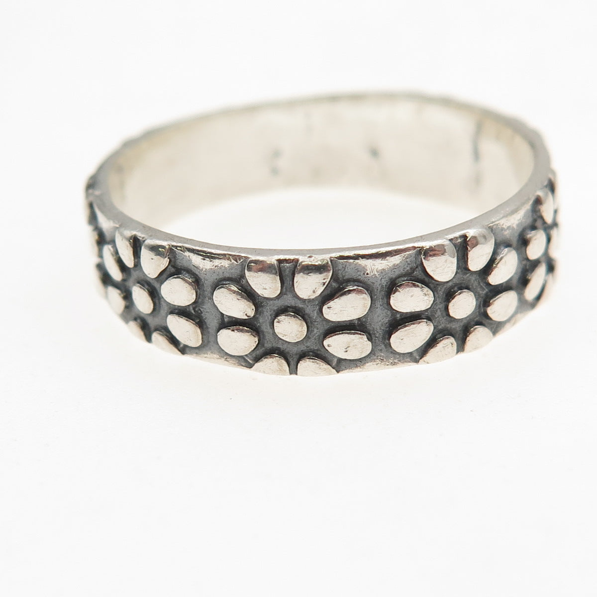925 Sterling Silver Vintage Mexico Flower Oxidized Band Ring Size 11.75