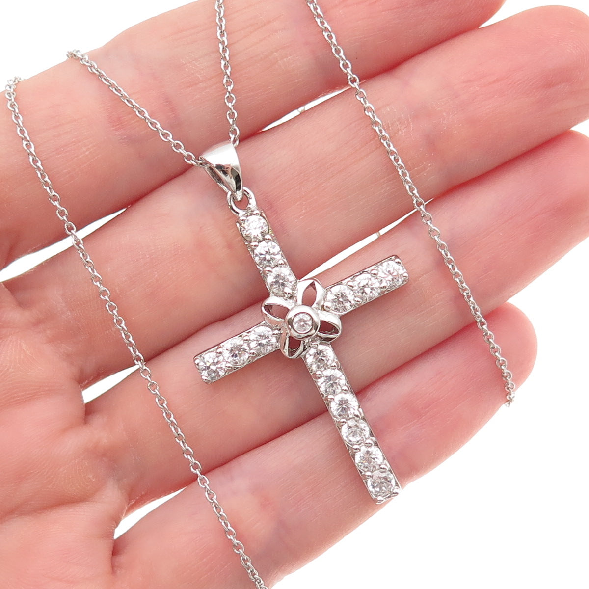 925 Sterling Silver Round-Cut C Z Floral Cross Cable Chain Necklace 18"