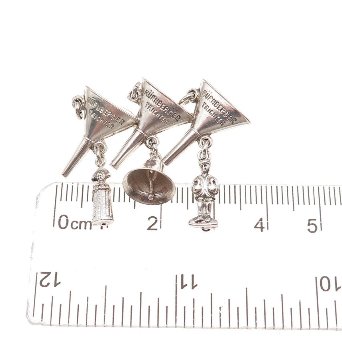 925 Sterling Silver Antique Art Deco Nuremberg Funnel Dangle Charms Pin Brooch