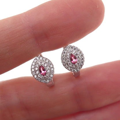 925 Sterling Silver Pink & White C Z Hoop Earrings
