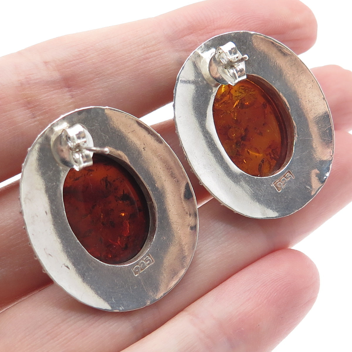 925 Sterling Silver Vintage Real Amber Modernist Granulated Earrings