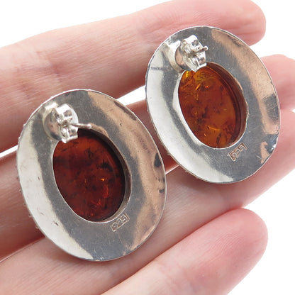 925 Sterling Silver Vintage Real Amber Modernist Granulated Earrings