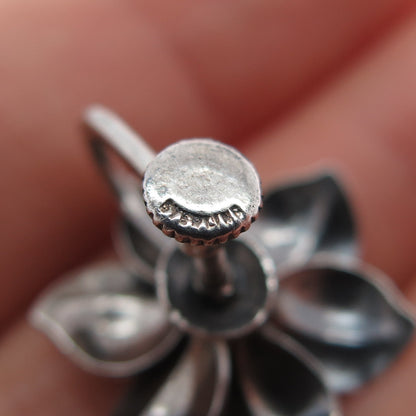 925 Sterling Silver Antique Art Deco Flower Oxidized Screw Back Earrings