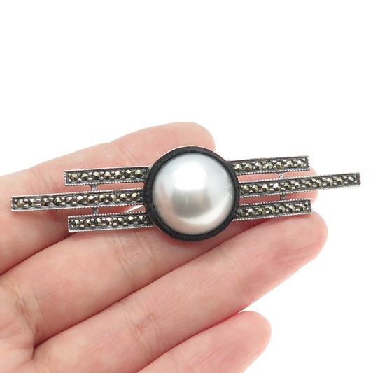 JUDITH JACK 925 Sterling Silver Vintage Faux Pearl & Marcasite Pin Brooch