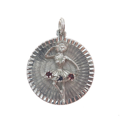 925 Sterling Silver Antique Art Deco Blue & Red Rhinestone Ballerina Pendant