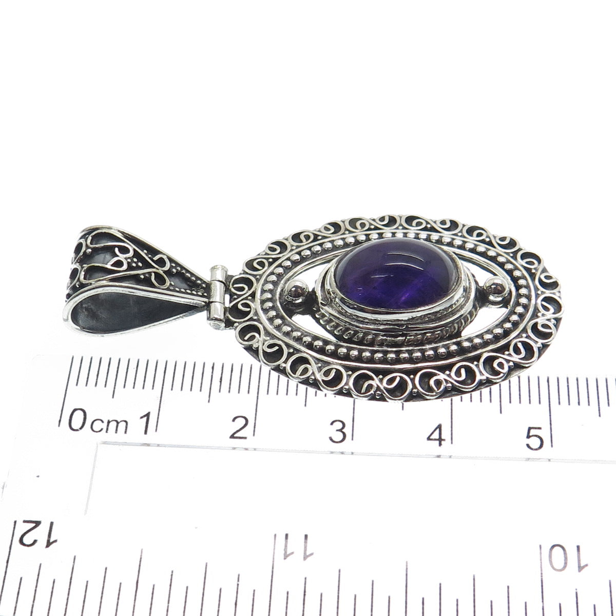 925 Sterling Silver Vintage Real Amethyst Gemstone Boho Ornate Pendant