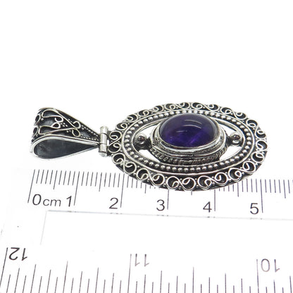 925 Sterling Silver Vintage Real Amethyst Gemstone Boho Ornate Pendant