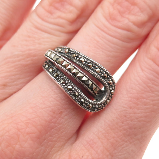 925 Sterling Silver Vintage Real Marcasite Overlap Oxidized Ring Size 6