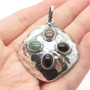 925 Sterling Silver Vintage Mexico Black Onyx Rhodonite & Aventurine Gem Pendant
