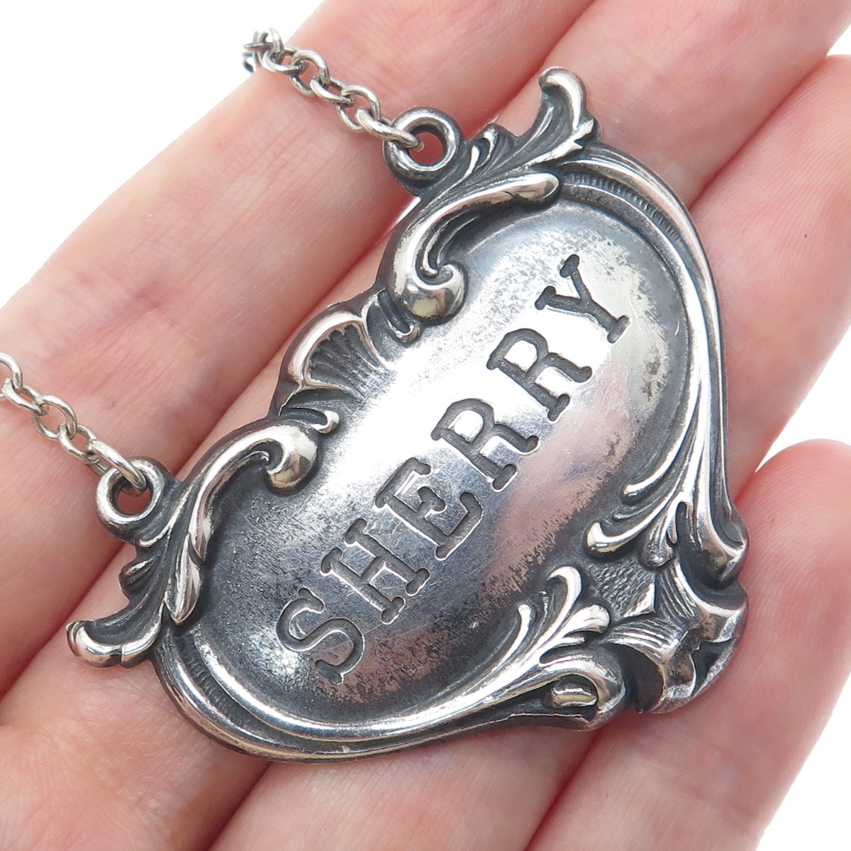 JS & CO. 925 Sterling Silver Antique Art Deco Sherry Oxidized Bottle Tag 6"