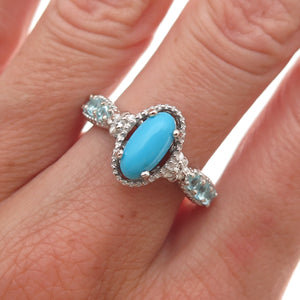 Chuck Clemency 925 Sterling Real Turquoise White Topaz & Aquamarine Ring Size 8