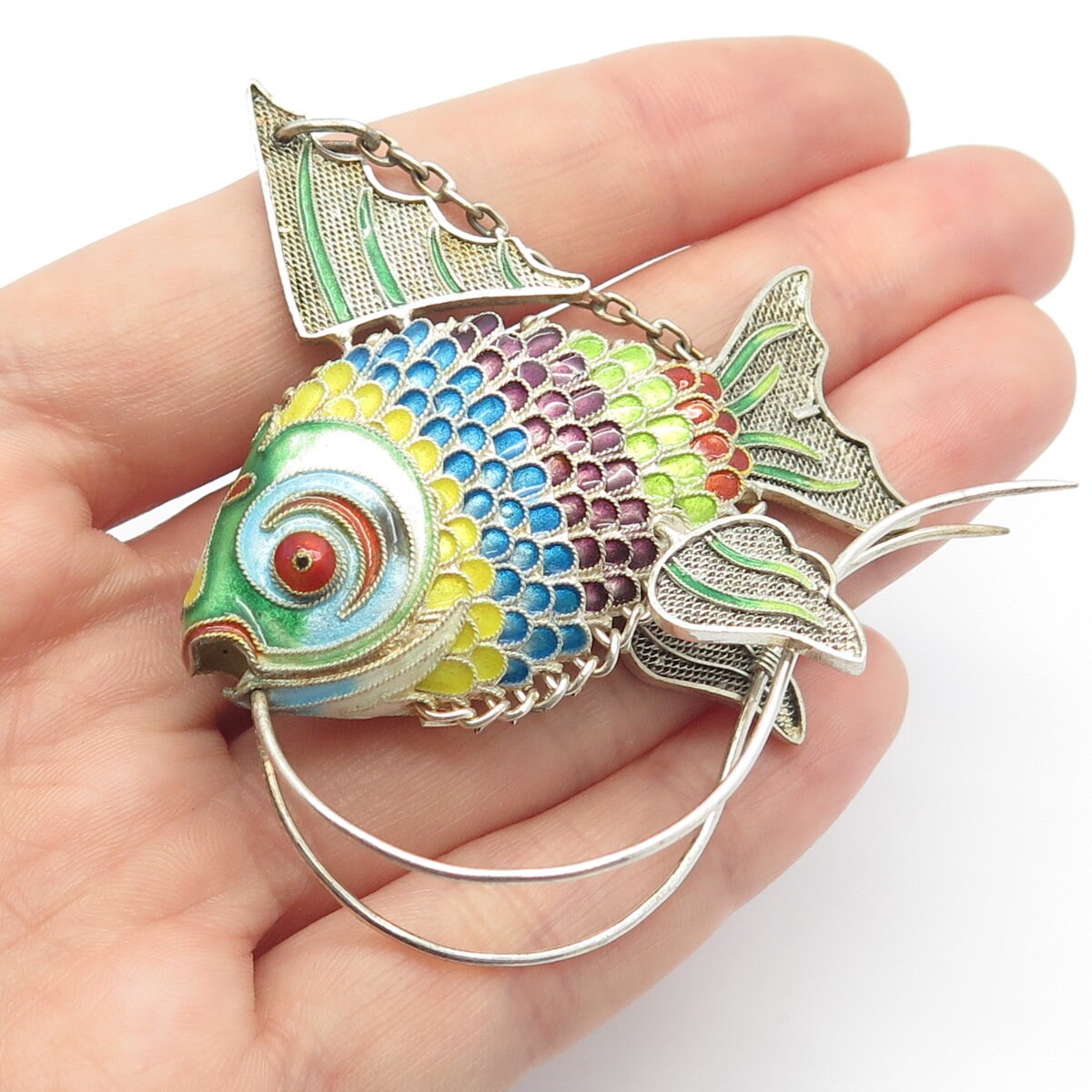 925 Sterling Silver Antique Enamel Articulated Chinese Koi Fish Chatelaine Fob