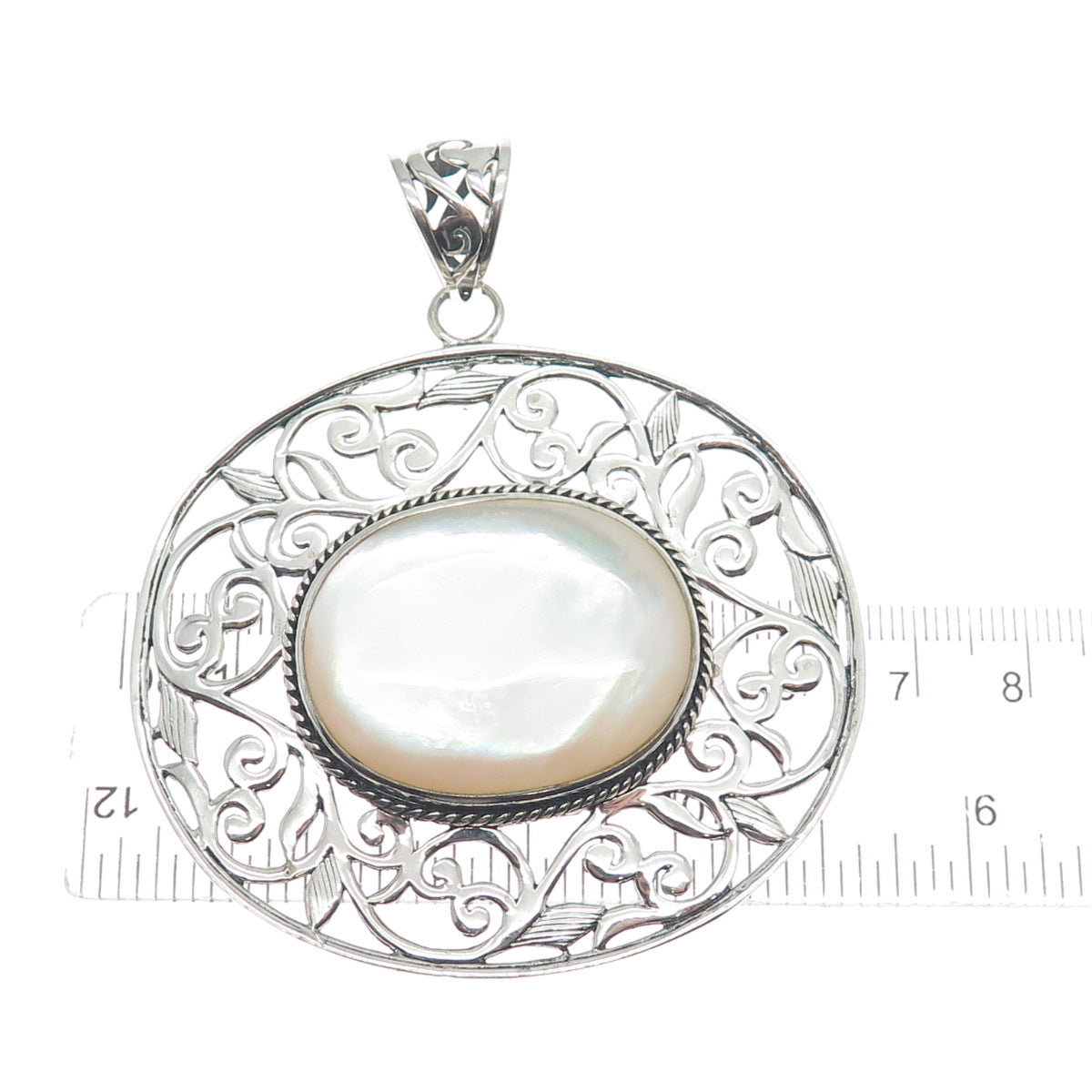 SX SALLY C 925 Sterling Silver Vintage Real MOP Ornate Floral Large Pendant