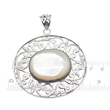 SX SALLY C 925 Sterling Silver Vintage Real MOP Ornate Floral Large Pendant