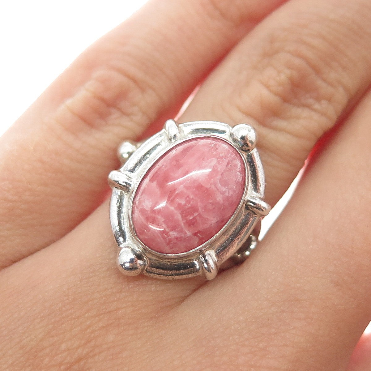 925 Sterling Silver Vintage Real Cabochon Rhodonite Modernist Ring Size 6