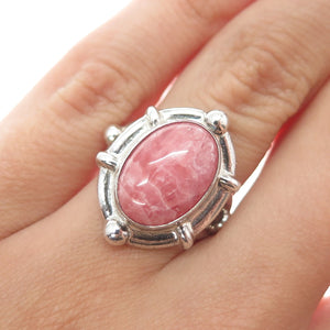925 Sterling Silver Vintage Real Cabochon Rhodonite Modernist Ring Size 6