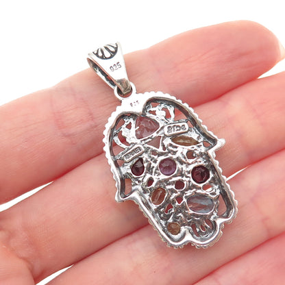 Didae 925 Sterling Silver Vintage Real Multi-Gem Hamsa Amulet Charm Pendant