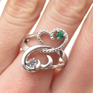 925 Sterling Silver Round-Cut Blue & Green C Z Interlocked Heart Ring Size 7.5